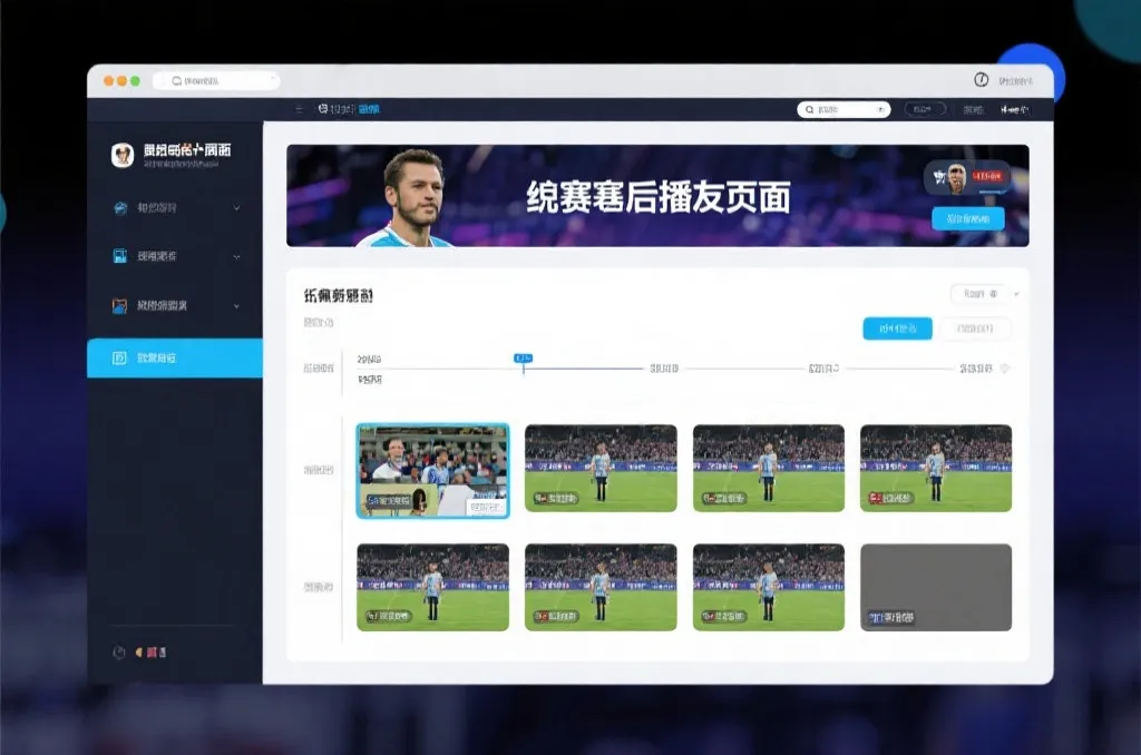 比赛结束后，电视屏幕展示集锦回放页面，旁边有时间轴和多角度切换提示